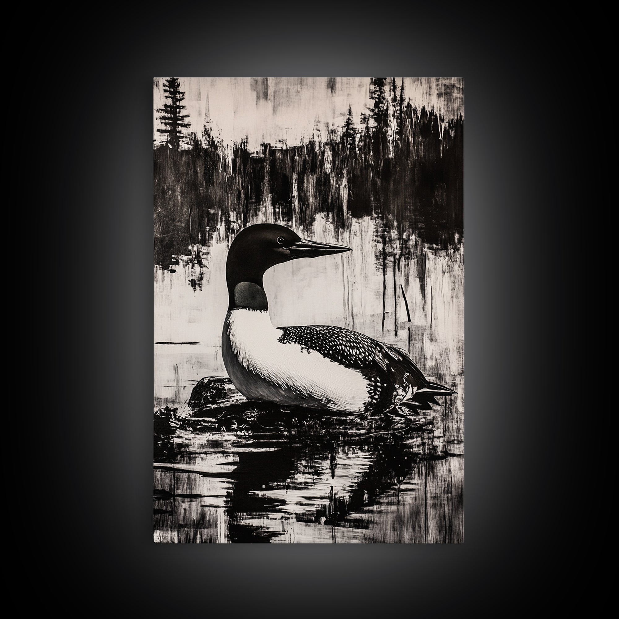 Loon, Lake Reflection, Nature Wall Art, Framed Canvas Print, Black and White Art, Minimalist Decor, Cabin Wall Art, Rustic Home