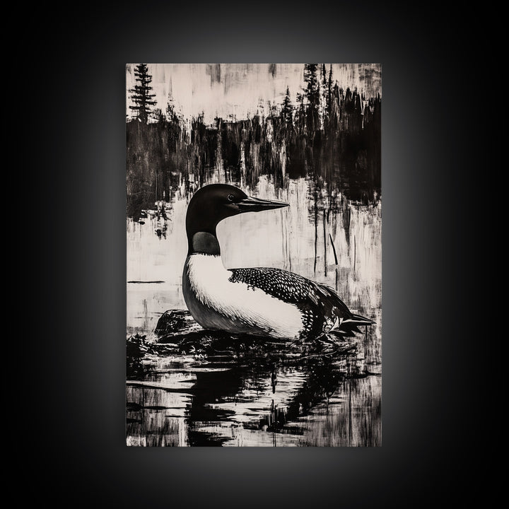 Loon, Lake Reflection, Nature Wall Art, Framed Canvas Print, Black and White Art, Minimalist Decor, Cabin Wall Art, Rustic Home
