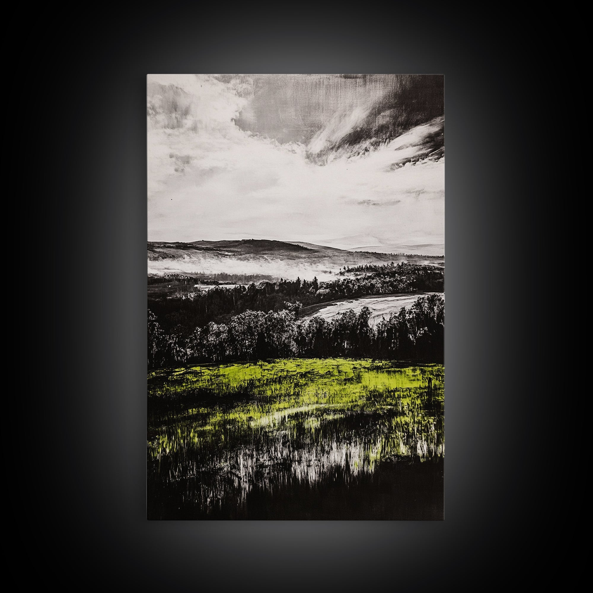 Rolling Hills, Nature Landscape, Canvas Print, Black White Green Art, Farmhouse Decor, Rustic Wall Art, Bedroom Decor, Fall Home Art