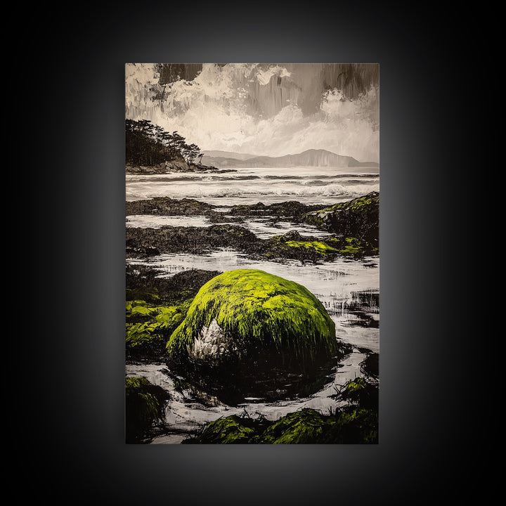 Coastal Rocks, Mossy Shore, Framed Canvas Print, Ocean Landscape, Beach House Wall Art, Nautical Decor, Green Nature, Relaxing Art