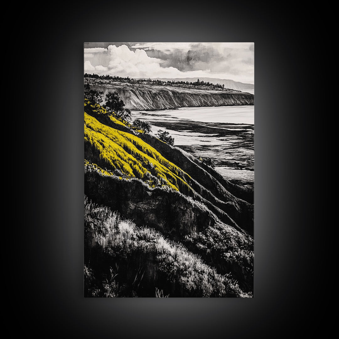 Cliffs, Ocean View, Framed Canvas Print, Coastal Landscape, Beach House Decor, Nature Wall Art, Black White Yellow Art, Scenic View