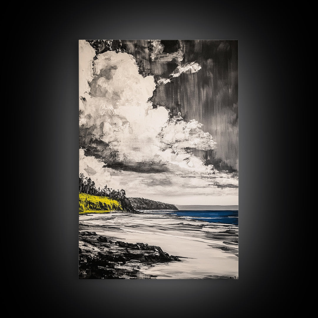 Cliffside View, Ocean Horizon, Cloudy Sky, Framed Canvas Print, Beach House Decor, Monochrome Wall Art, Relaxing Scenery