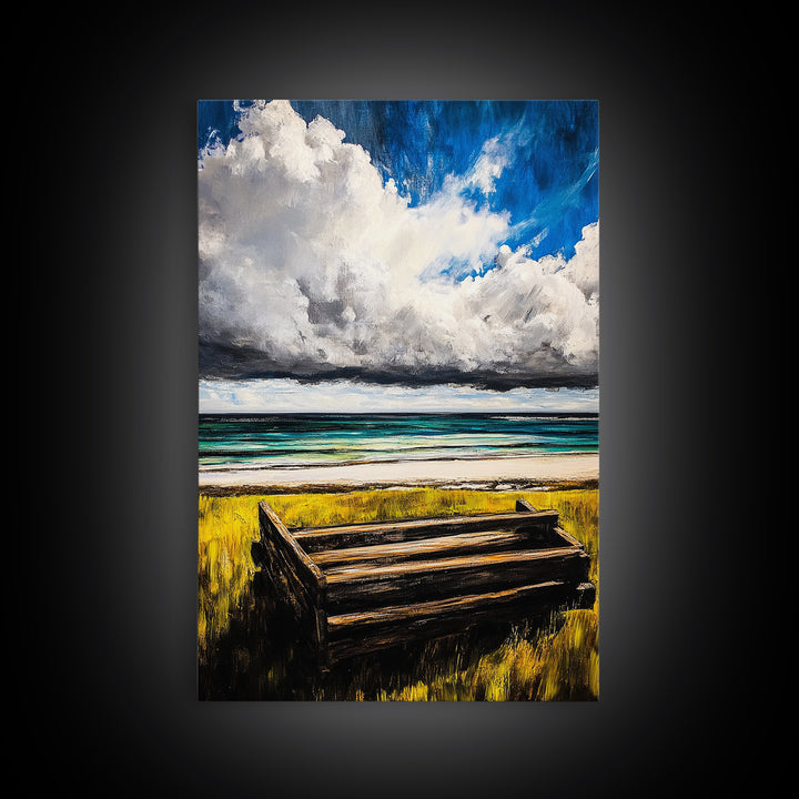 Ocean Bench, Coastal Landscape Art, Beach House Wall Decor, Relaxing Seaside Scene, Serene Water View, Framed Canvas Print