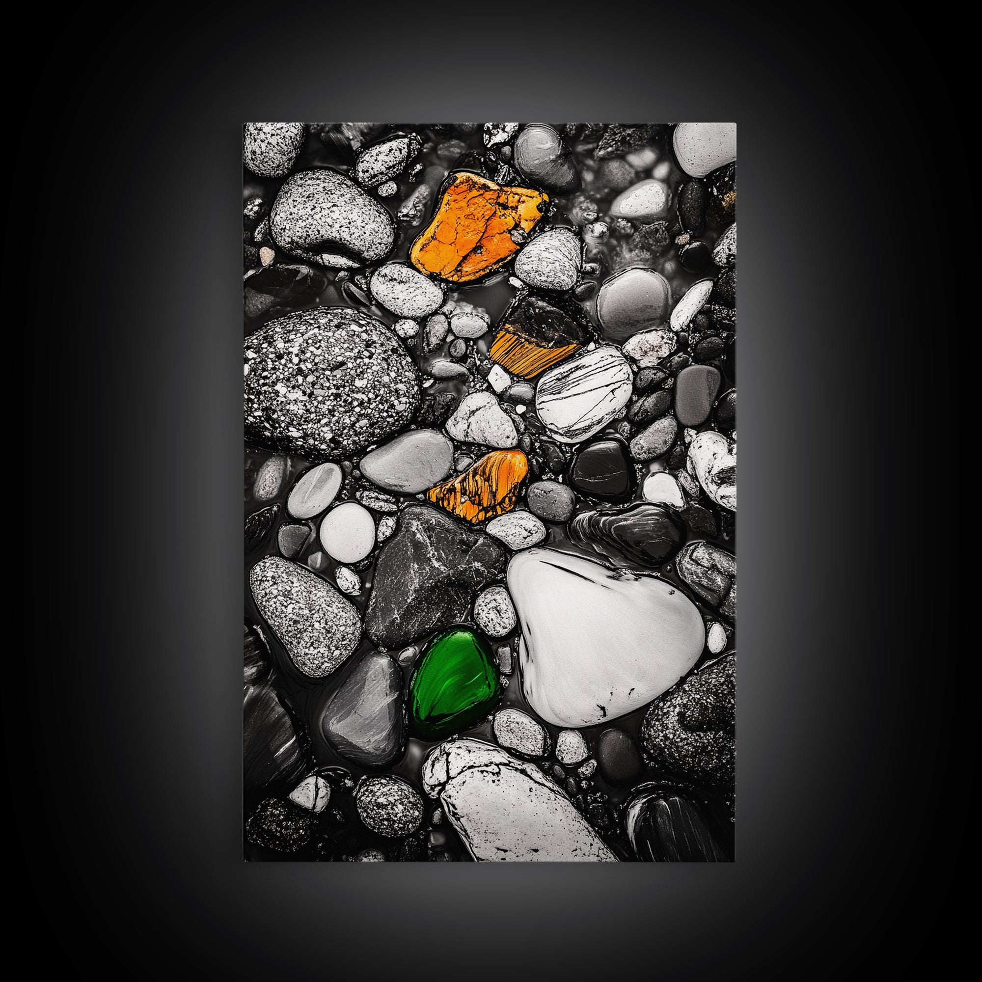 River Pebbles, nature-inspired art, stone texture decor, minimal wall art, earthy tones painting, framed canvas print, bathroom decor