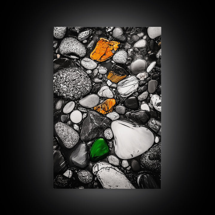 River Pebbles, nature-inspired art, stone texture decor, minimal wall art, earthy tones painting, framed canvas print, bathroom decor