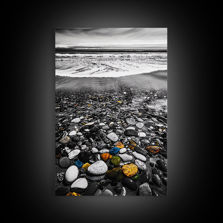 Ocean Pebbles Shoreline, coastal home decor, beach stone art, nautical wall print, calming wave painting, framed canvas print, bedroom art