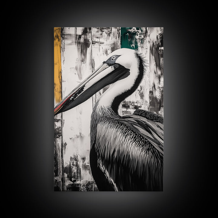 Pelican Portrait, wildlife wall art, coastal nature painting, black and white bird decor, modern beach house print, framed canvas print