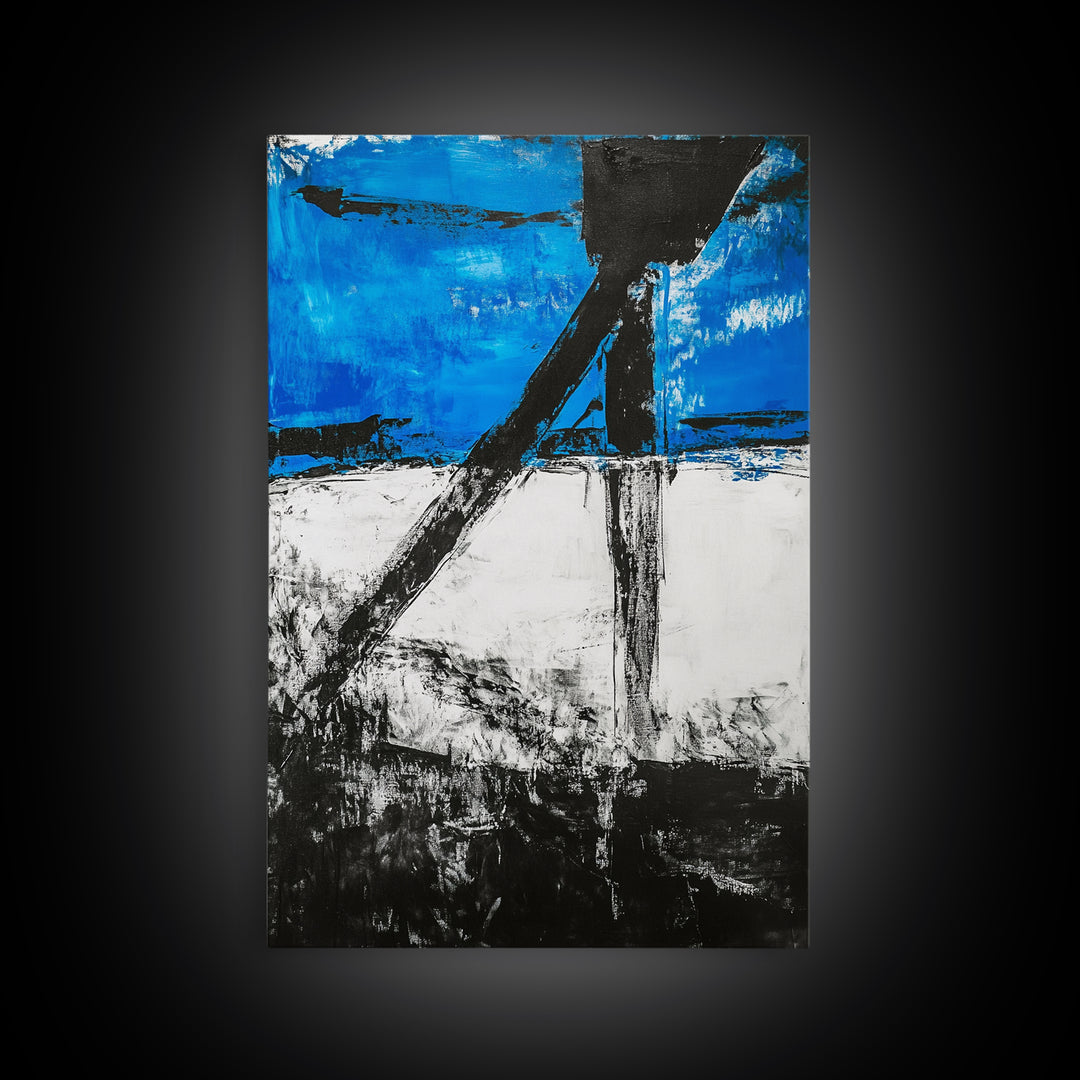 Abstract Blue Horizon, modern minimalist art, bold blue painting, industrial decor, expressive wall art, framed canvas print, office wall