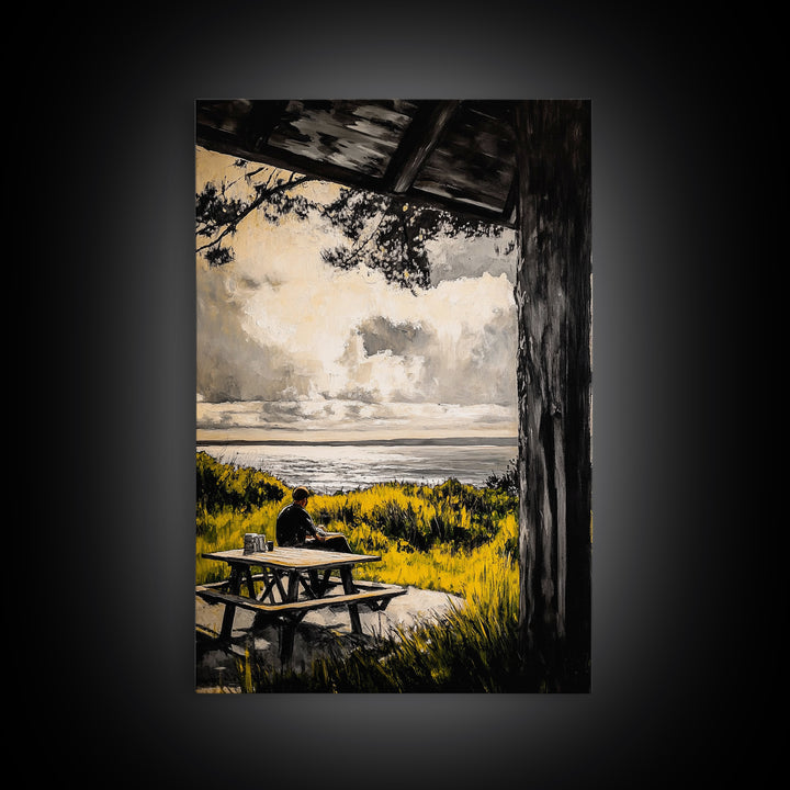 Ocean View Picnic, relaxing landscape painting, coastal art, peaceful nature scene, countryside decor, framed canvas print, living room