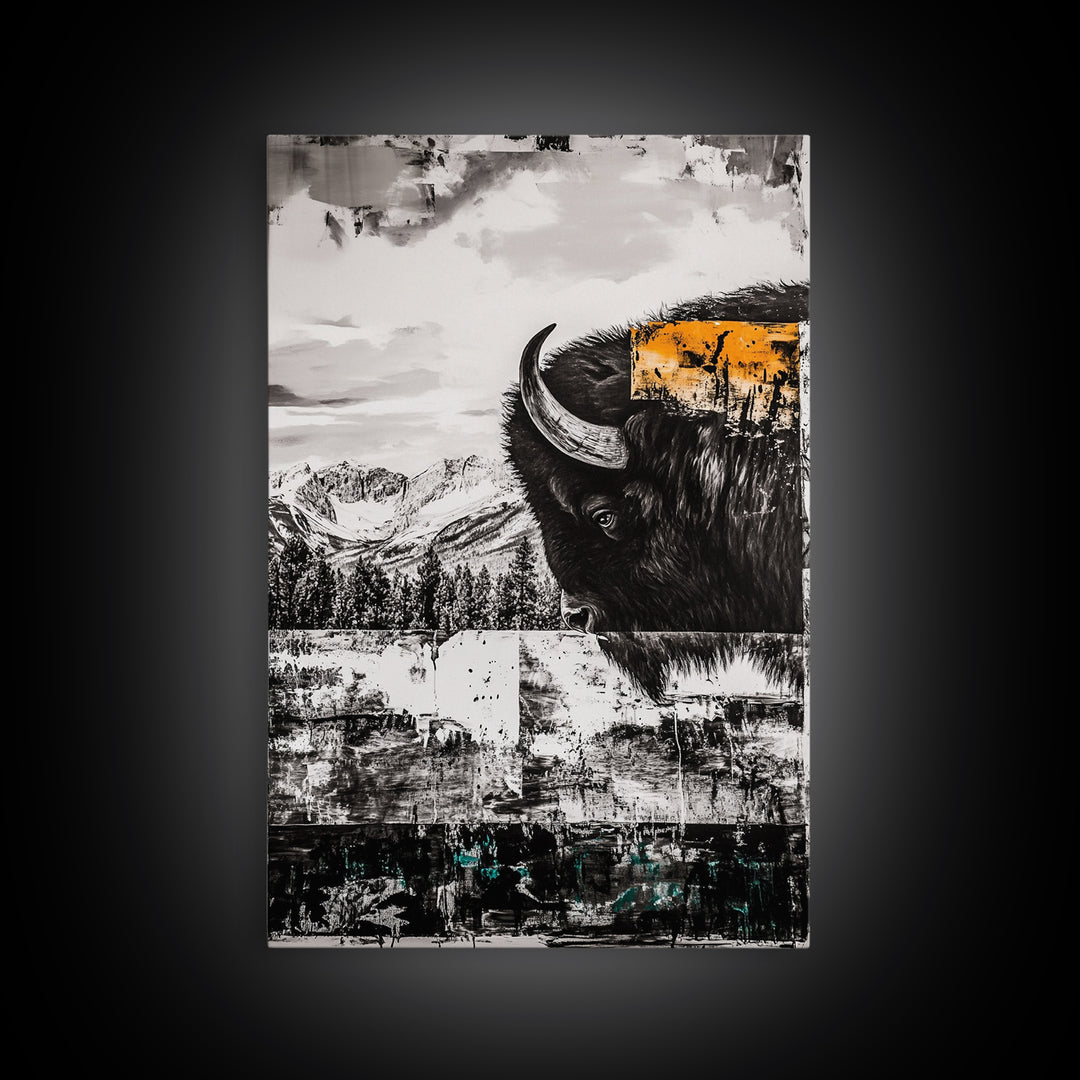 Buffalo Portrait, Western Art, Rustic Cabin Wall Decor, Wildlife Art, Black and White Animal Painting, Nature Scene, Canvas Print