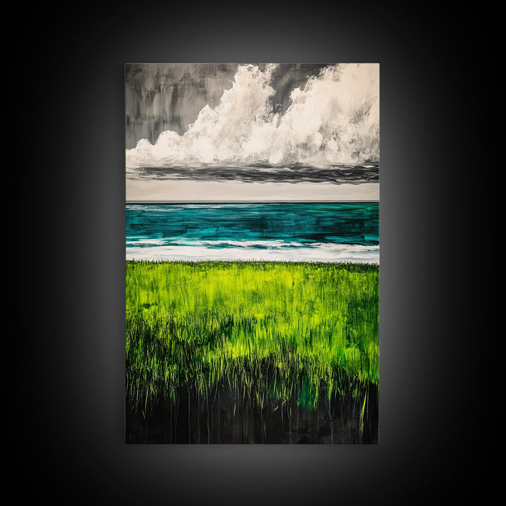 Coastal Landscape Art, Green Blue Ocean, Canvas Print, Serene Beach Wall Decor, Minimalist Nature Painting, Tranquil Home Accent