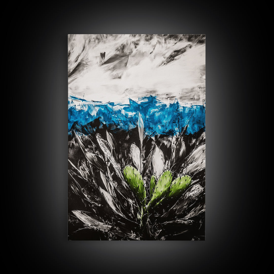 Desert Cactus Painting, Blue Sky Black White, Framed Canvas Print, Modern Southwest Art, Rustic Wall Decor, Minimalist Nature Art