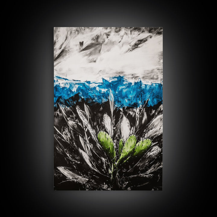 Desert Cactus Painting, Blue Sky Black White, Framed Canvas Print, Modern Southwest Art, Rustic Wall Decor, Minimalist Nature Art