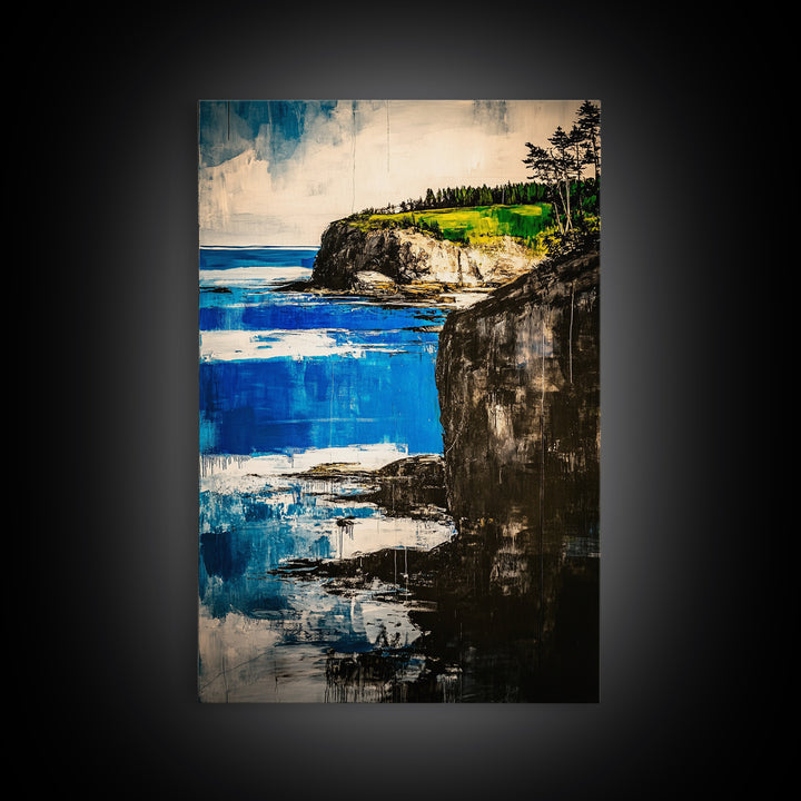 Coastal Cliff, Ocean Canvas Print, Nature Wall Art, Beach House Decor, Seascape Painting, Vibrant Blue Green Artwork, Office Art