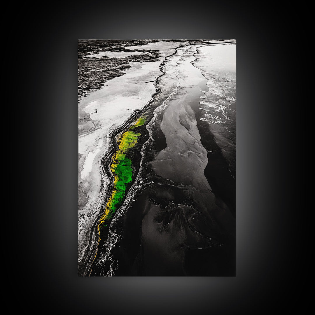 Abstract River, Nature Landscape, Modern Wall Art, Monochrome Print, Green Accents, Contemporary Art, Framed Canvas Print, Office Wall Decor