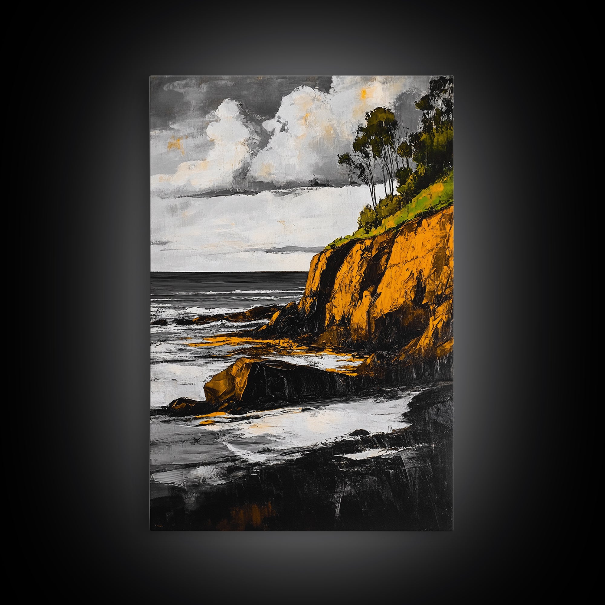 Ocean Cliffs, Coastal Landscape, Golden Tones, Black and White Seascape, Framed Canvas Print, Beach House Wall Art, Office Wall Decor