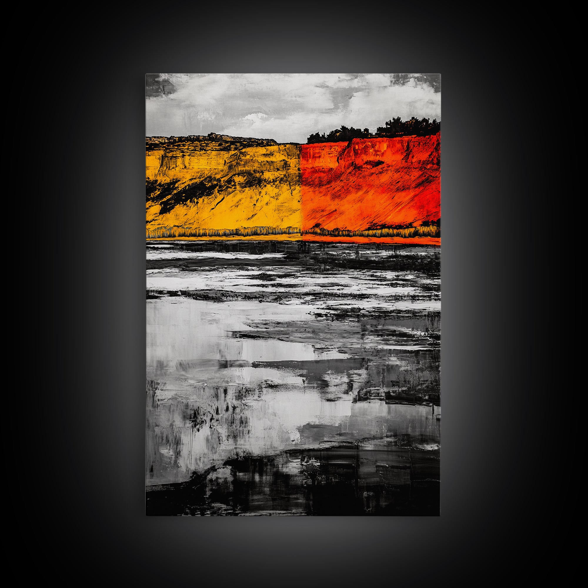 Autumn Cliffs, Seasonal Landscape, Fall Wall Art, Rustic Nature Print, Bold Orange and Yellow, Framed Canvas Print, Living Room Decor