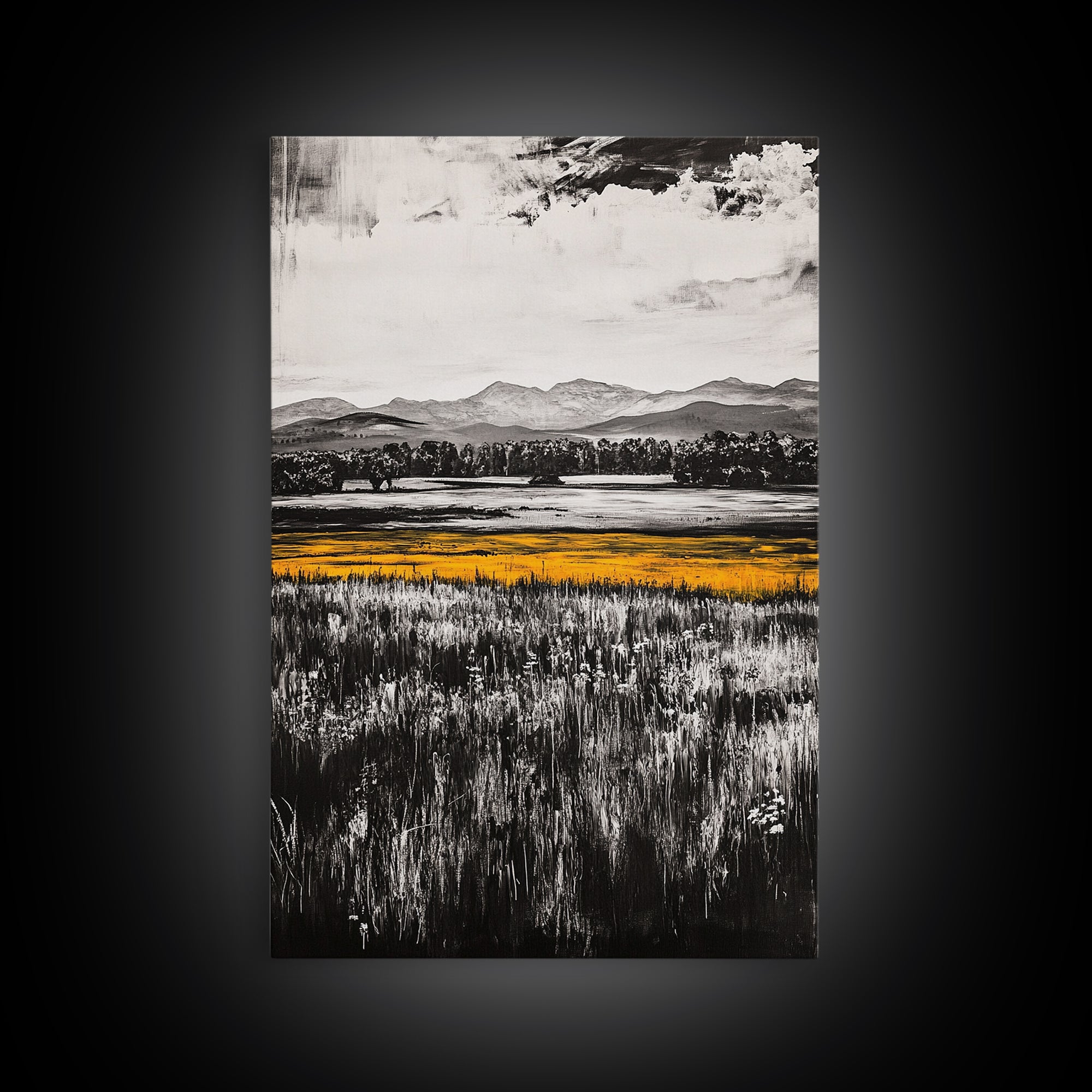 Golden Meadow, Black and White Landscape with Yellow Accents, Minimalist Nature Wall Art, Framed Canvas Print, Living Room or Office Decor