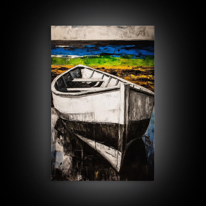 Coastal Rowboat, Black and White Boat Painting, Nautical Seascape Art, Rustic Beach House Decor, Framed Canvas Print, Bedroom Art