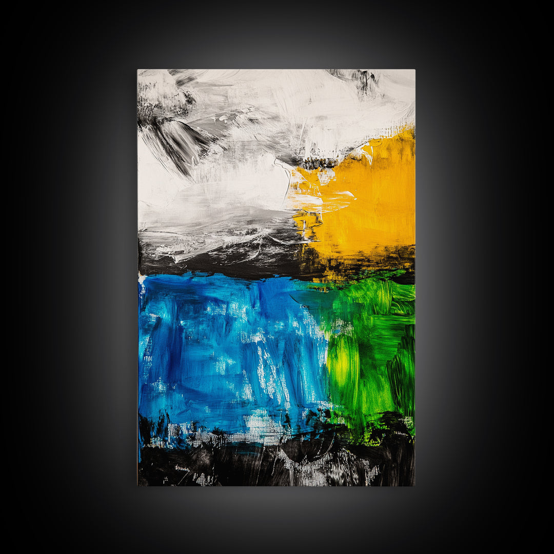 Abstract Landscape, Blue and Yellow Modern Painting, Minimalist Nature Art, Framed Canvas Print, Living Room or Office Wall Decor