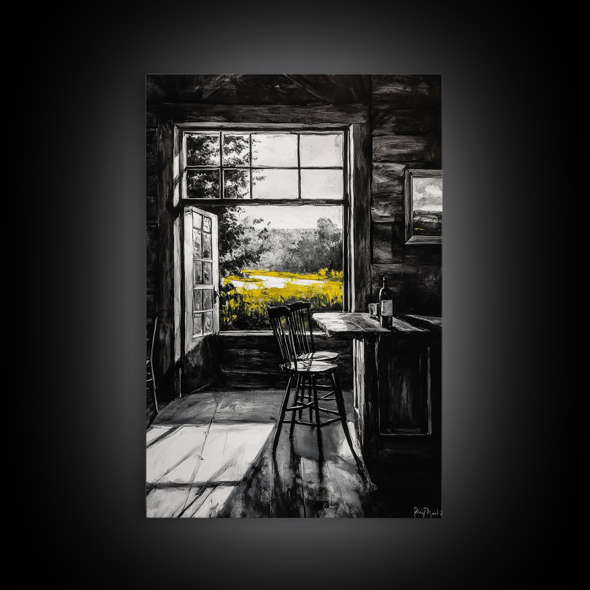 Rustic Cabin View, Black and White with Yellow Accents, Cozy Country Home Art, Framed Canvas Print, Living Room or Dining Room Decor