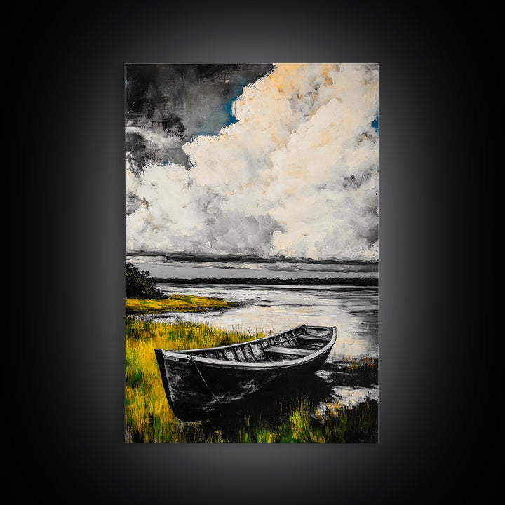 Rowboat Reflection, Rustic Lake Art, Black and White Boat Print, Tranquil Nature Scene, Living Room Wall Decor, Nautical Canvas Print