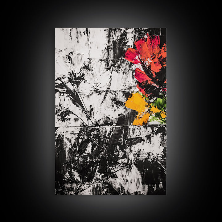 Abstract Flowers, Black and White, Red Floral Art, Bold Wall Decor, Modern Art, Framed Canvas Print, Minimalist Living Room Art