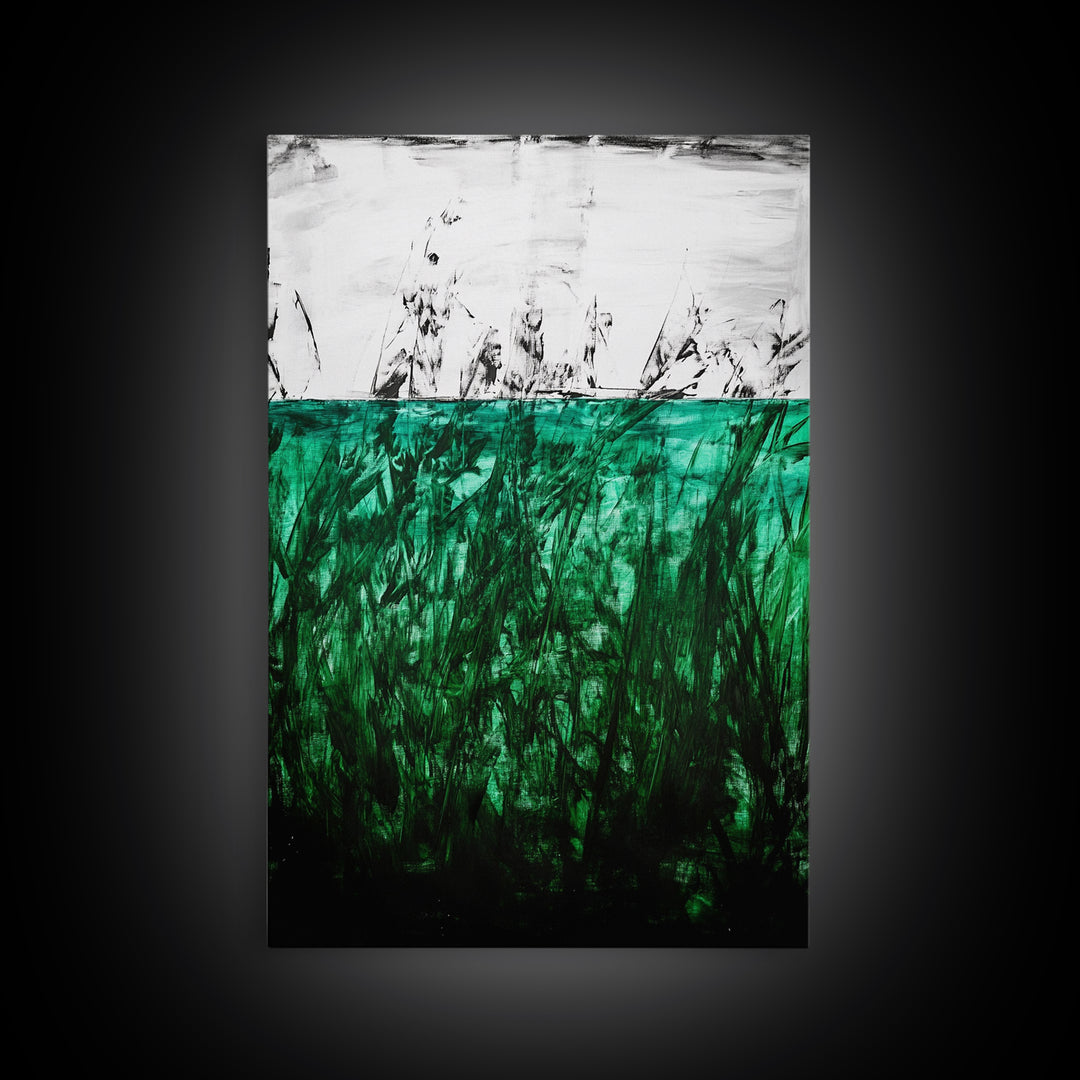 Abstract Grassland, Green Nature Art, Minimalist Botanical Wall Decor, Earthy Modern Print, Framed Canvas Print, Living Room Wall Art