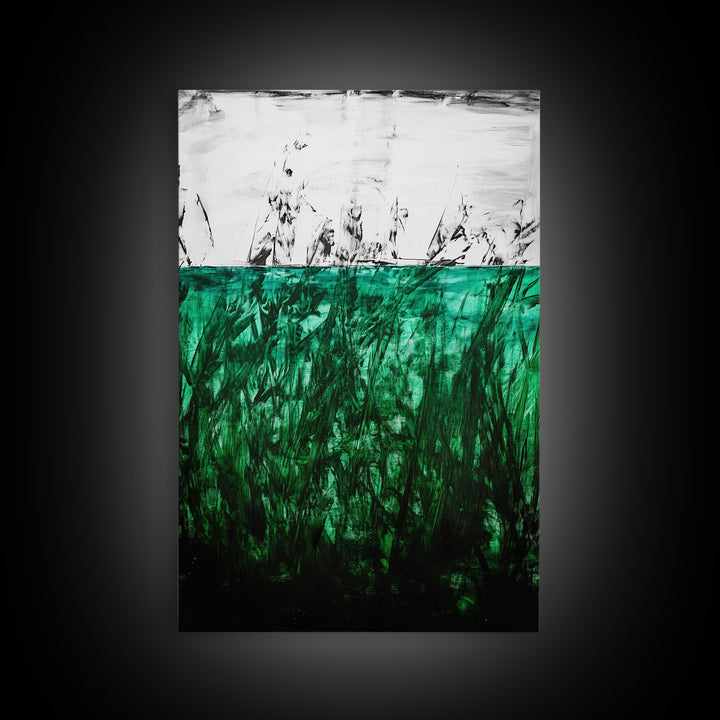 Abstract Grassland, Green Nature Art, Minimalist Botanical Wall Decor, Earthy Modern Print, Framed Canvas Print, Living Room Wall Art