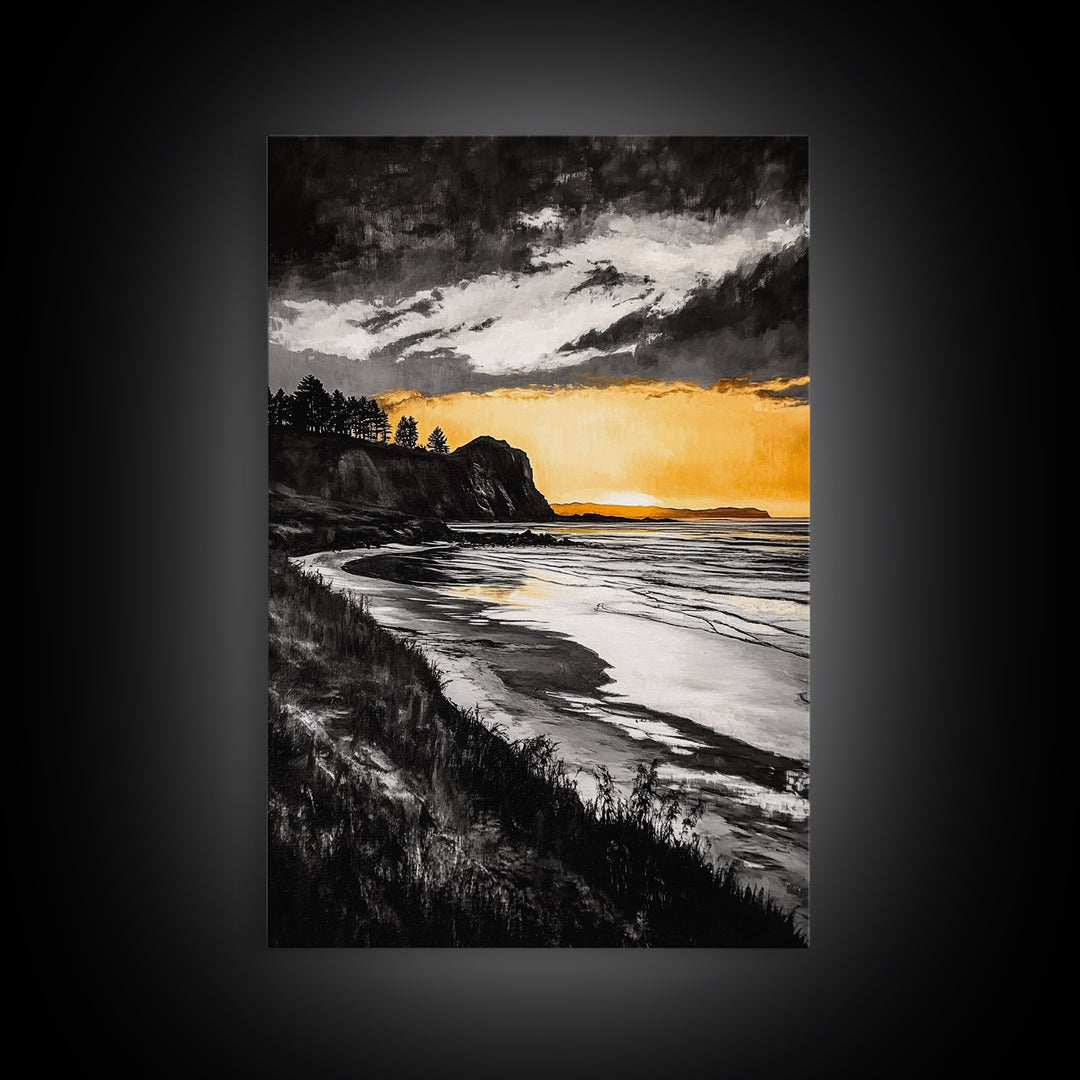 Cliffside Sunset, Golden Sky, Coastal View, Seascape, Framed Canvas Print, Modern Wall Art, Office Decor, Dramatic Landscape