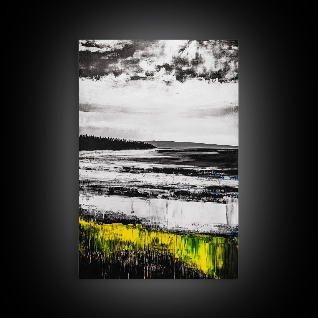 Coastal Shoreline, Misty Landscape, Black and White, Nature Print, Framed Canvas Print, Office Wall Art, Serene Seascape, Minimalist Art