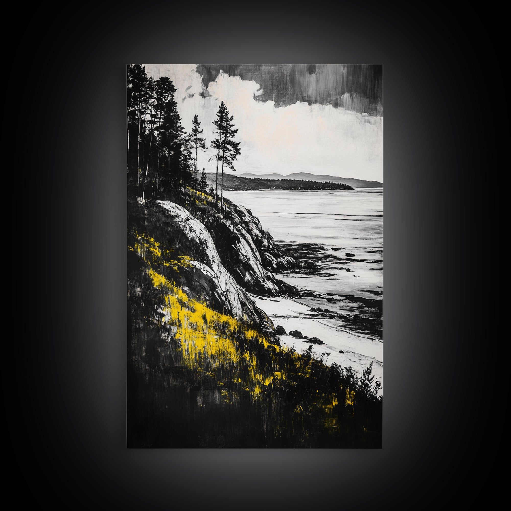 Rocky Coast, Pine Trees, Ocean View, Coastal Landscape, Canvas Print, Cabin Wall Decor, Rustic Home Art, Nature Inspired Painting