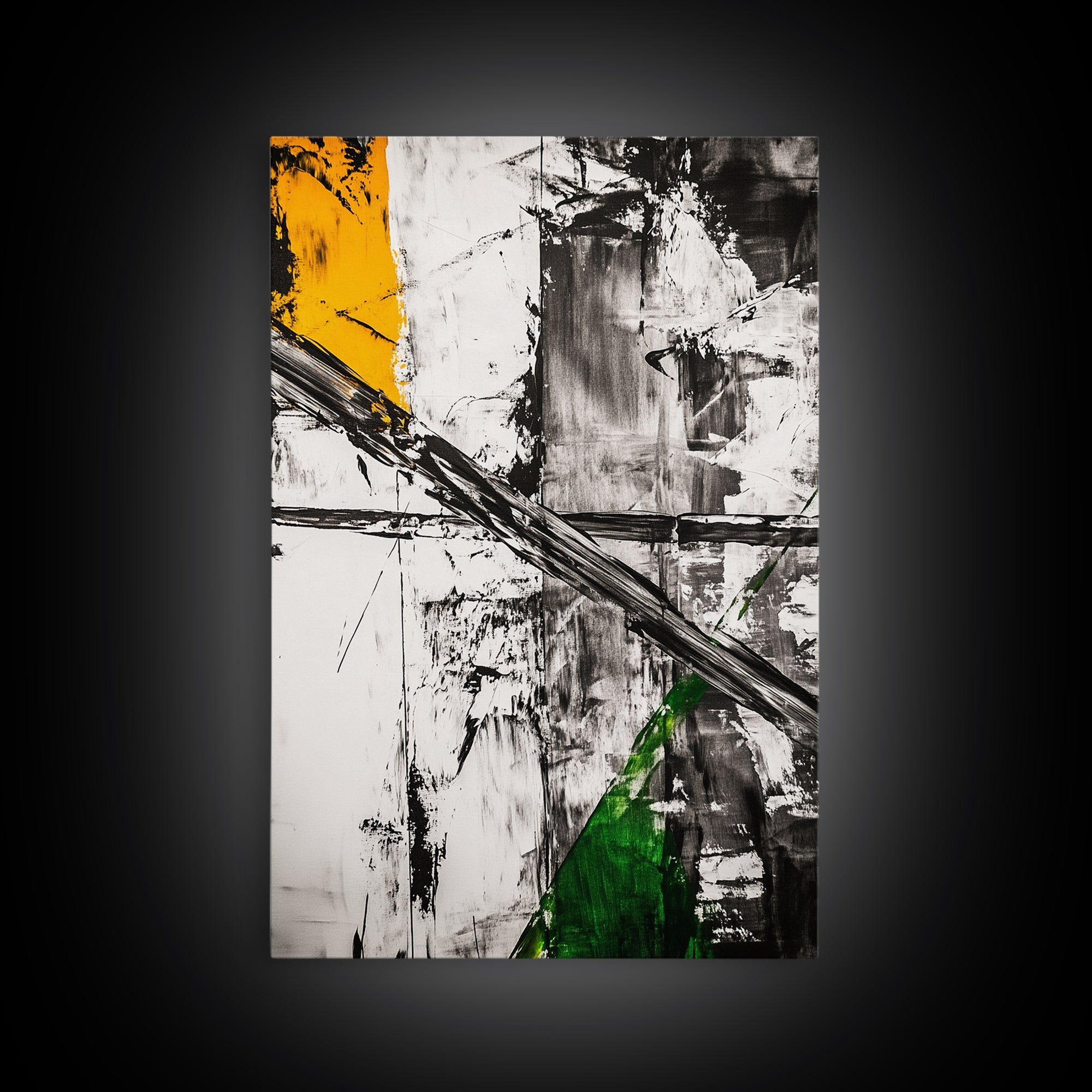 Abstract Expression, Modern Art, Black White Green, Framed Canvas Print, Contemporary Wall Art, Office Decor, Minimalist Painting