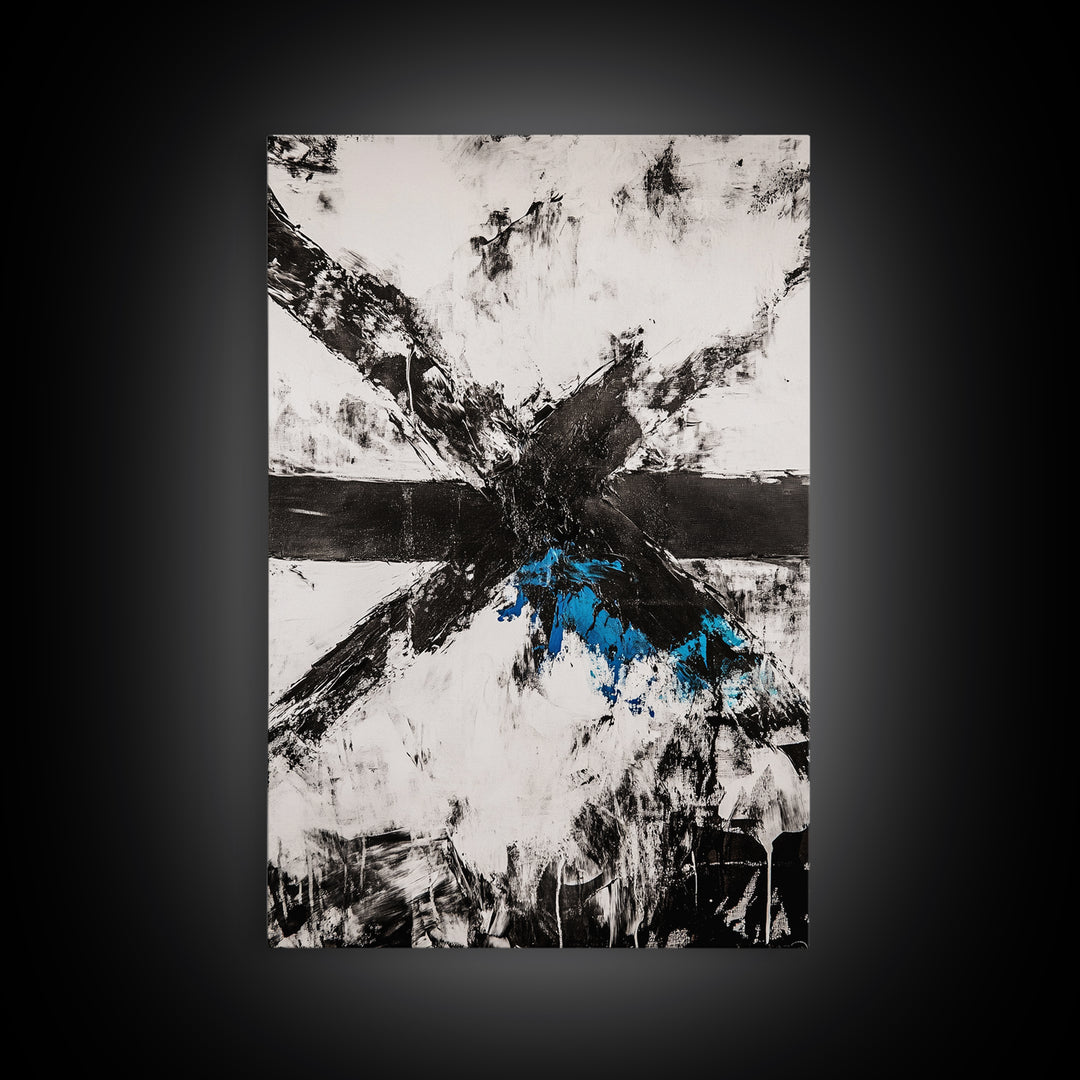 Black White Chaos, Modern Abstract, Bold Brush Strokes, Framed Canvas Print, Office Decor, Industrial Wall Art, Contemporary Art