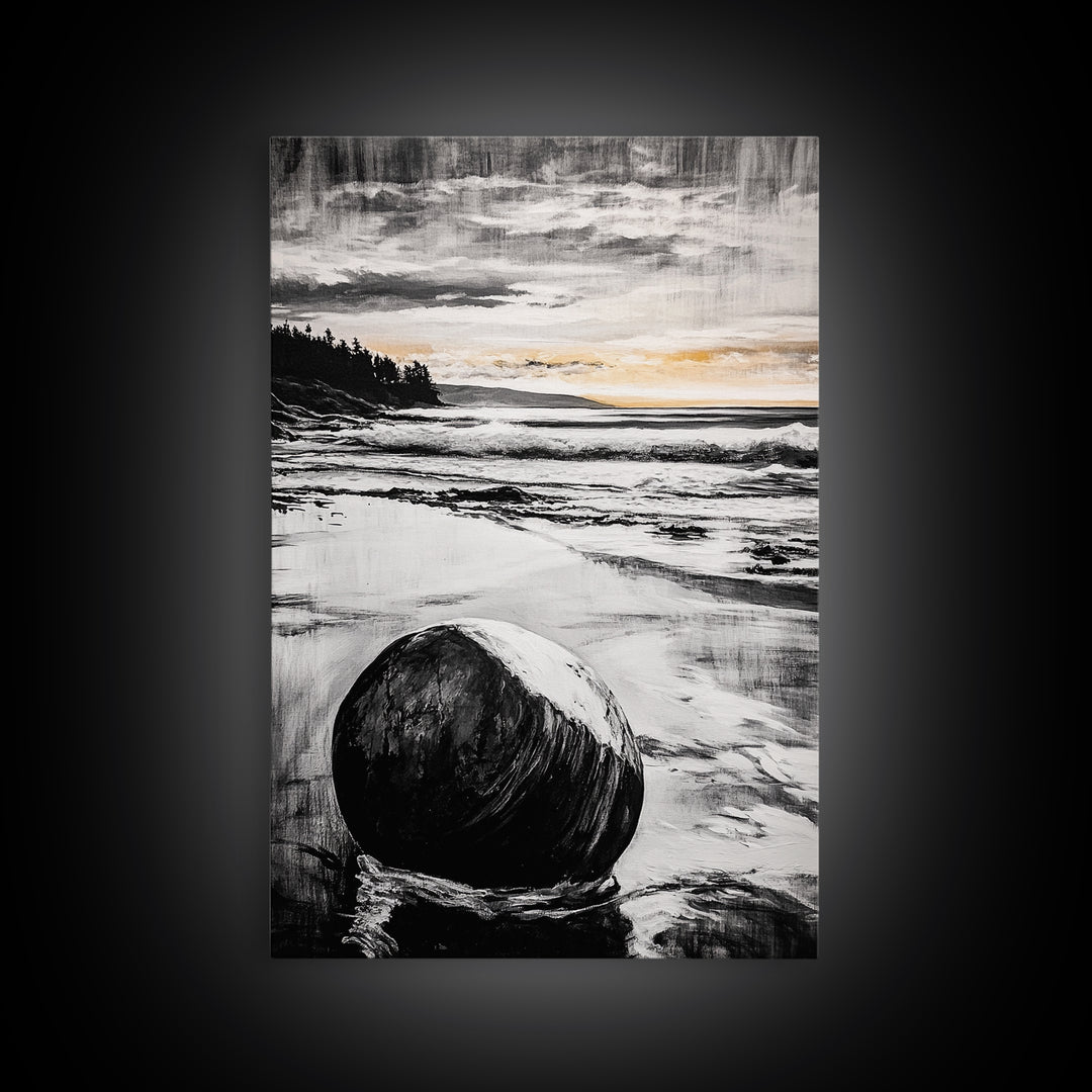 Rocky Beach, Sunset Landscape, Black White Gold, Framed Canvas Print, Coastal Wall Art, Nature Painting, Serene Home Decor