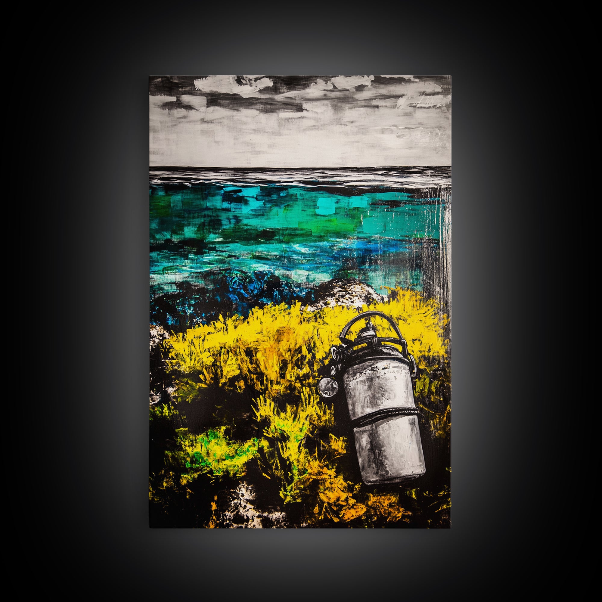 Coastal Lantern, Ocean Shore, Yellow Blue Art, Framed Canvas Print, Nautical Wall Art, Beach House Decor, Rustic Modern Art