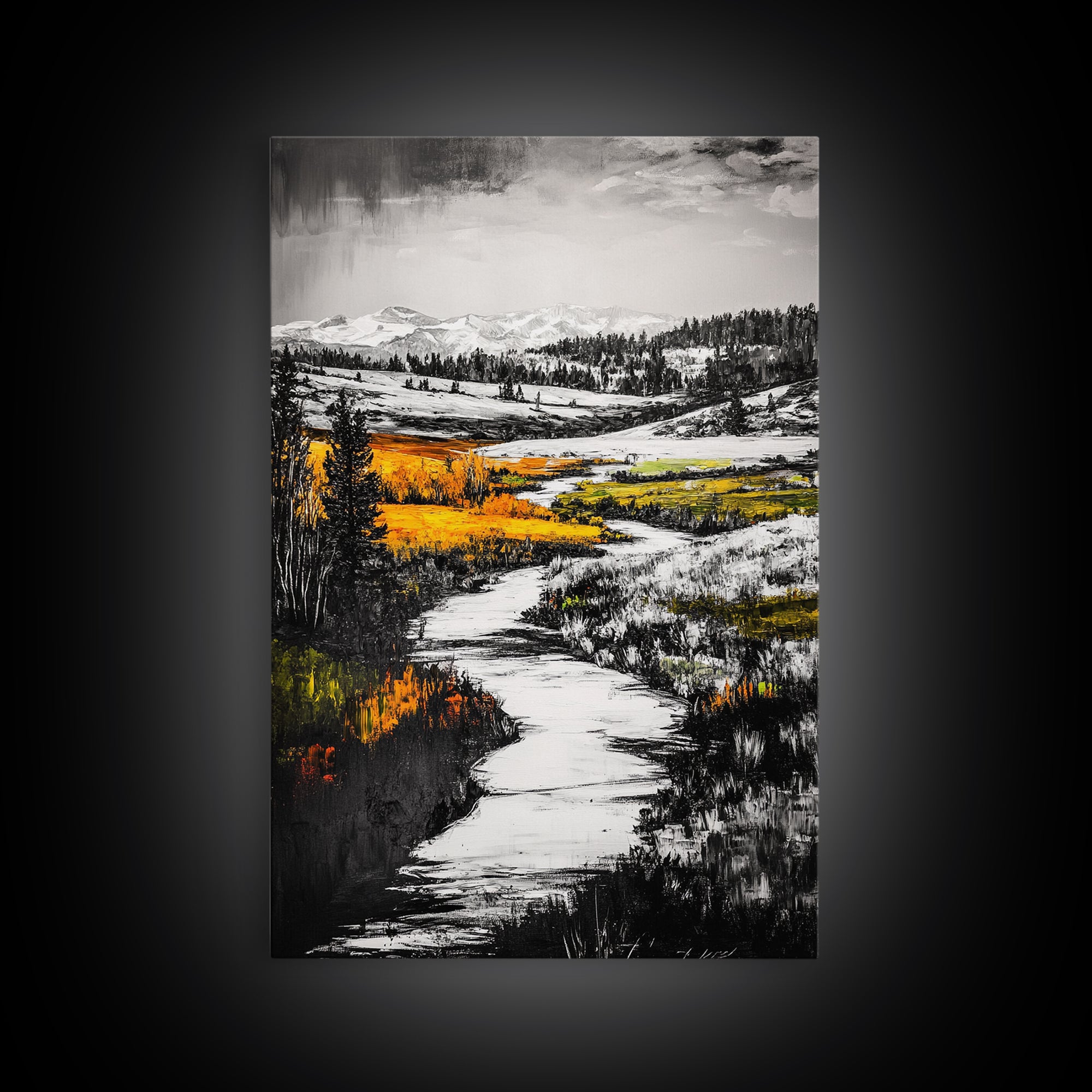 Autumn River, Fall Landscape, Black White Orange, Framed Canvas Print, Nature Wall Art, Cabin Decor, Rustic Home Painting