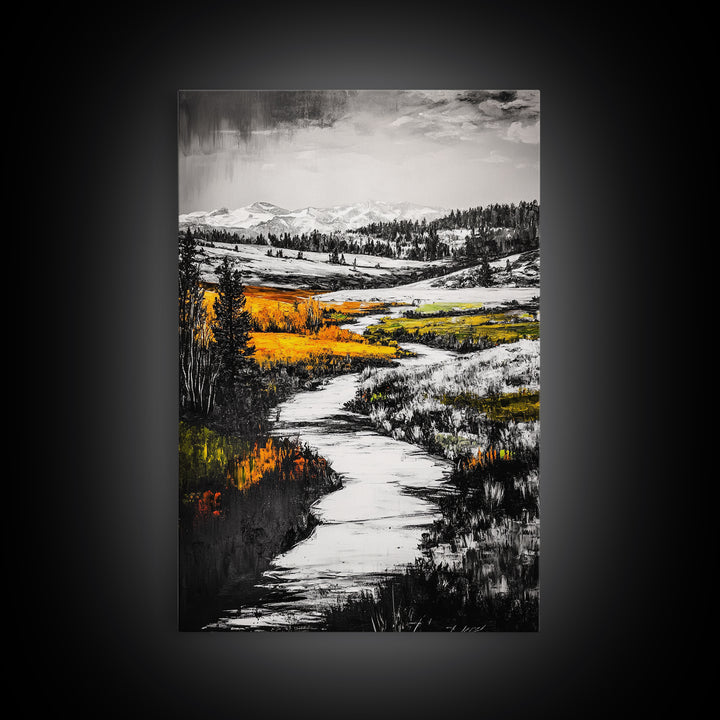 Autumn River, Fall Landscape, Black White Orange, Framed Canvas Print, Nature Wall Art, Cabin Decor, Rustic Home Painting