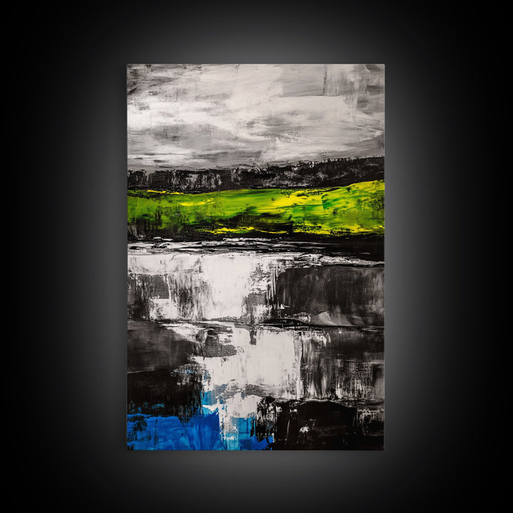 Abstract Landscape, Black White Green, Modern Painting, Framed Canvas Print, Living Room Decor, Minimalist Art, Contemporary Style