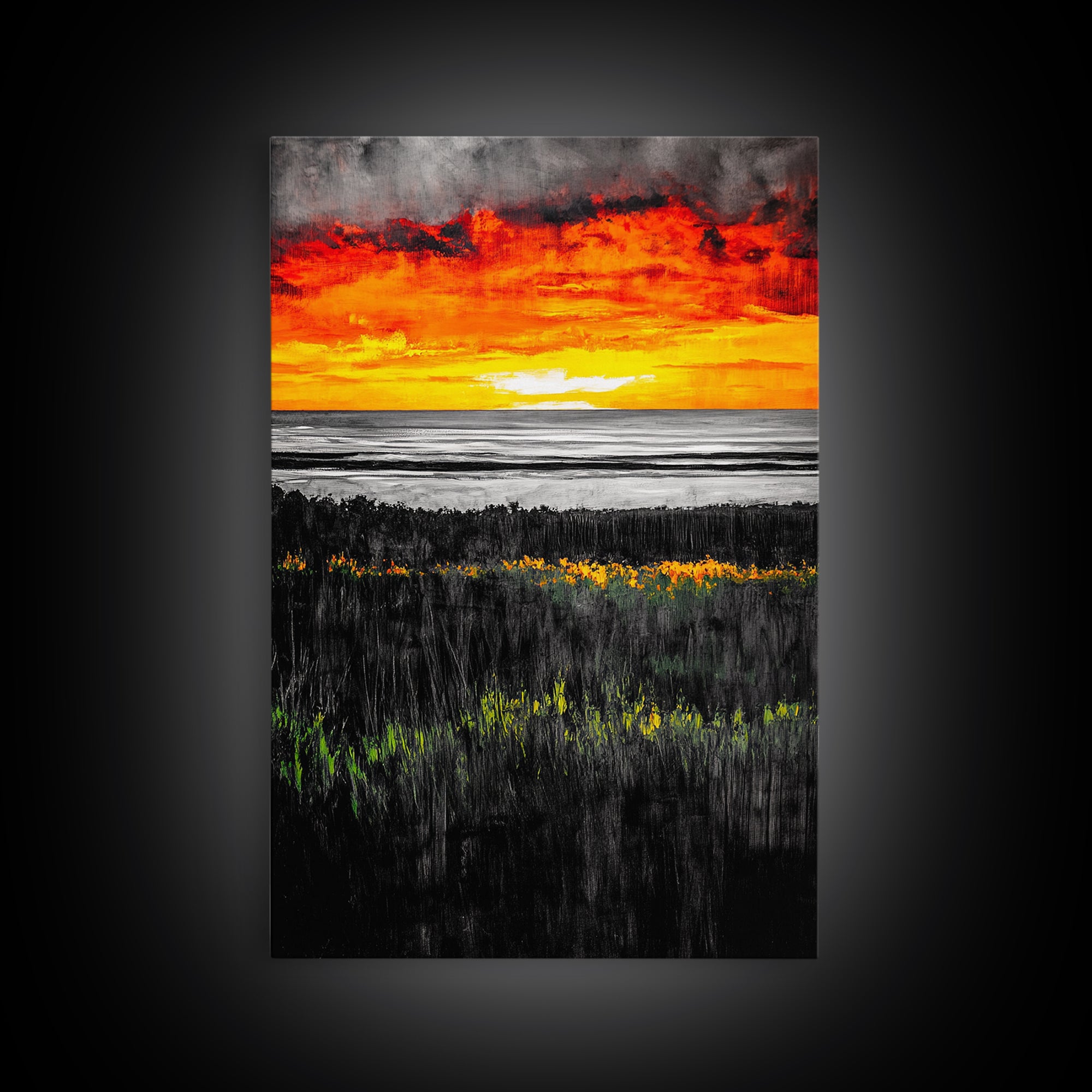 Bold Sunset, Coastal Horizon, Modern Landscape, Framed Canvas Print, Vibrant Seascape Art, Minimalist Beach Decor, Living Room Wall Art