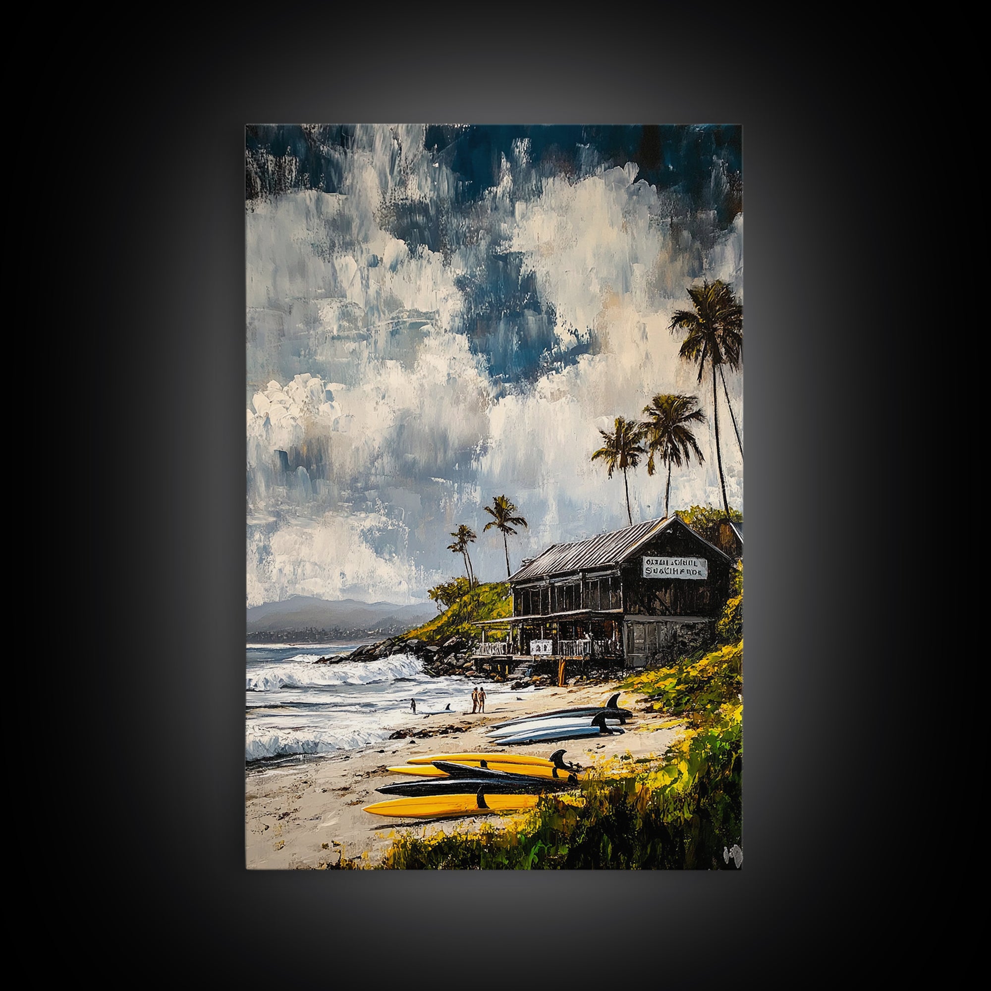 Beach Surf Shack, Tropical Art, Coastal Wall Decor, Nautical Framed Canvas Print, Surfing Gift, Ocean Sunset, Living Room Art