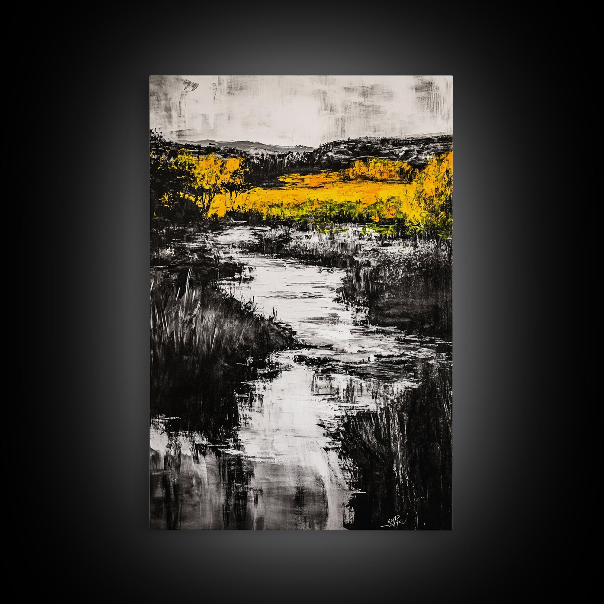 Black White Landscape, Yellow Trees, River Stream Art, Rustic Farmhouse Decor, Modern Nature Wall Art, Bedroom Wall Decor, Canvas Print