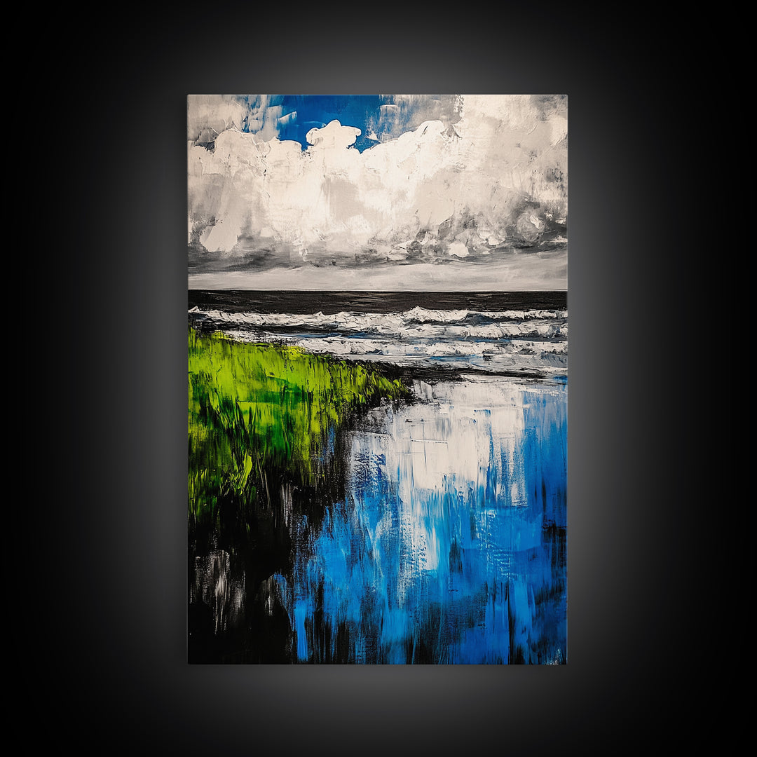 Ocean Reflections, Coastal Wall Art, Blue Abstract Beach Scene, Seascape Framed Canvas Print, Modern Home Decor, Living Room Wall Art