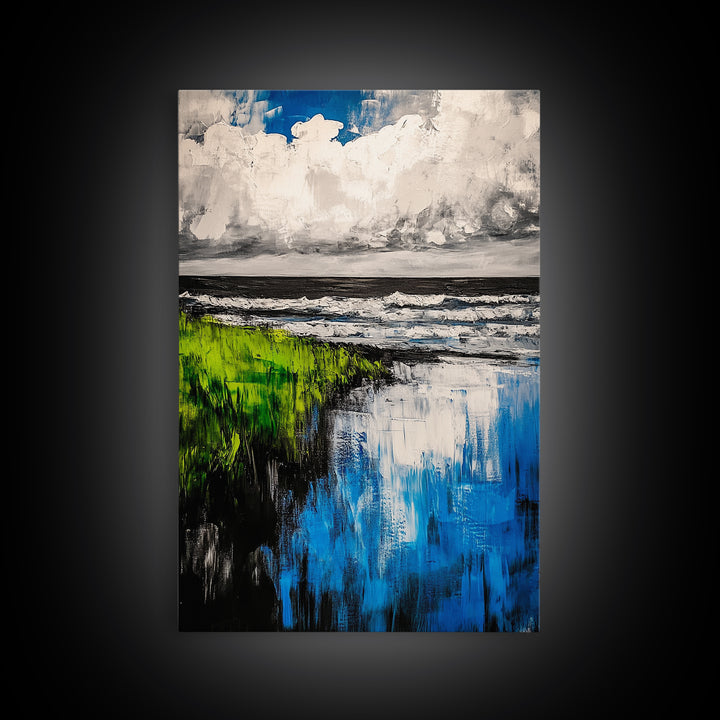 Ocean Reflections, Coastal Wall Art, Blue Abstract Beach Scene, Seascape Framed Canvas Print, Modern Home Decor, Living Room Wall Art