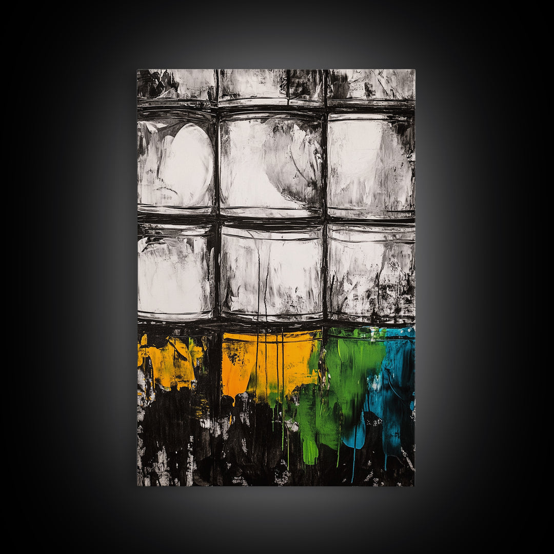 Abstract Windows, Modern Wall Art, Black and White Geometric Print, Industrial Home Decor, Framed Canvas Print, Contemporary Office Art