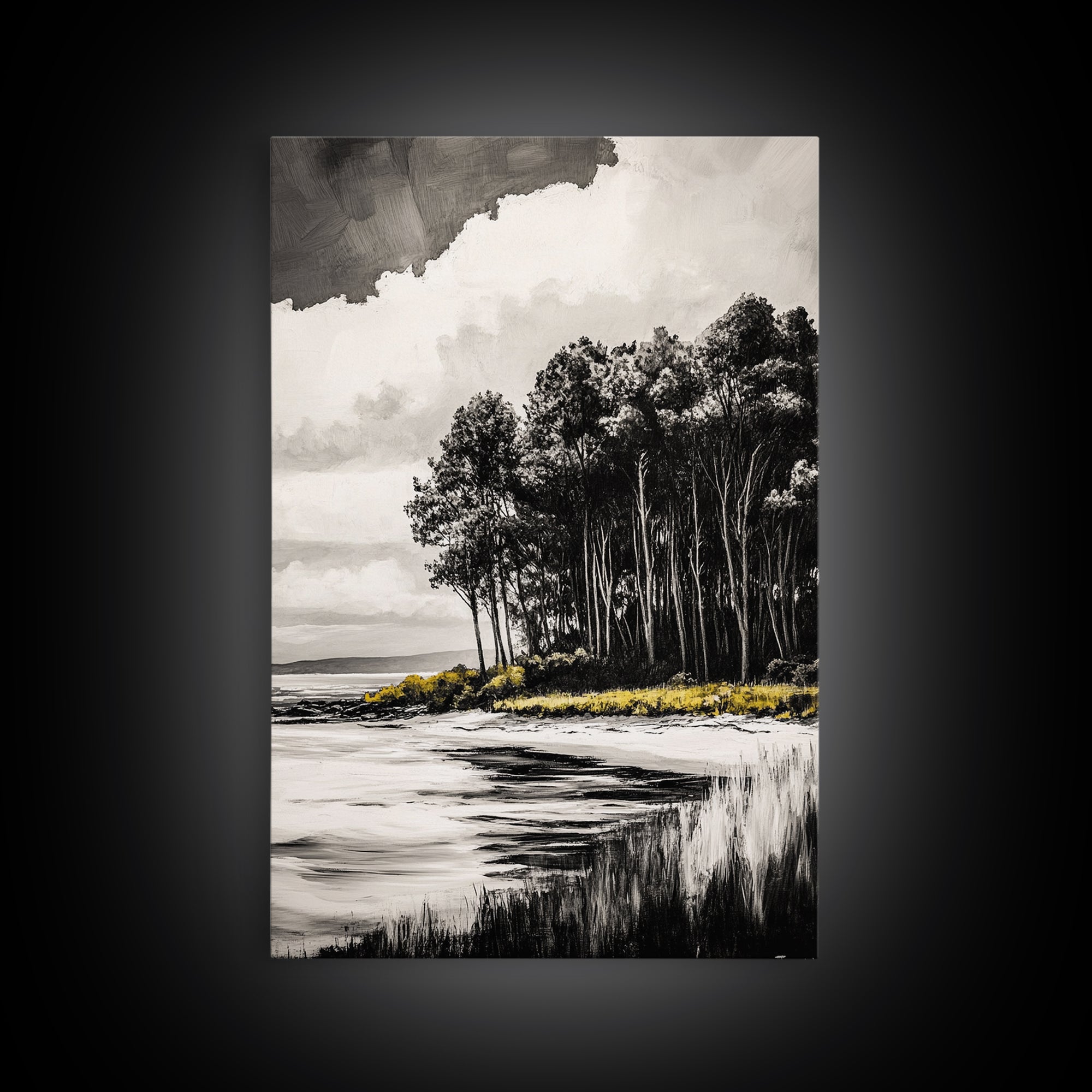 Coastal Trees, Black and White Art, Canvas Print, Modern Landscape, Nature Wall Art, Minimalist Home Decor, Serene Artwork, Ocean Scene