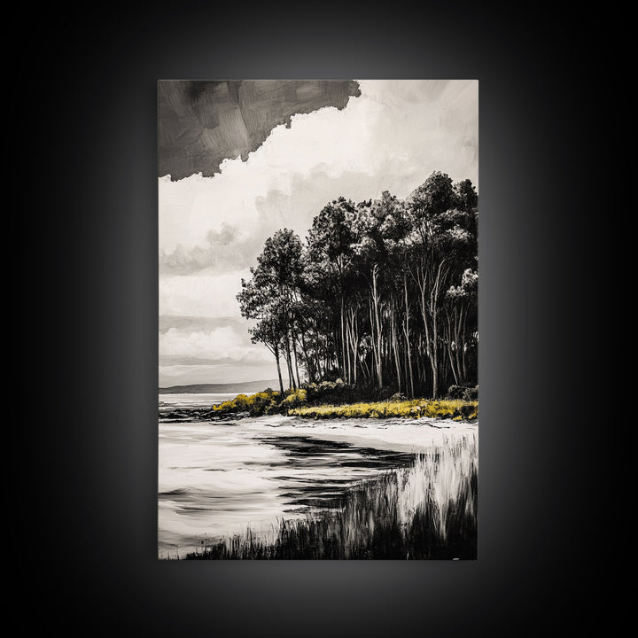 Coastal Trees, Black and White Art, Canvas Print, Modern Landscape, Nature Wall Art, Minimalist Home Decor, Serene Artwork, Ocean Scene