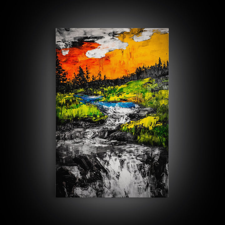 Autumn River, Nature Wall Art, Modern Landscape, Framed Canvas Print, Rustic Home Decor, Office Artwork, Vibrant Sunset Painting