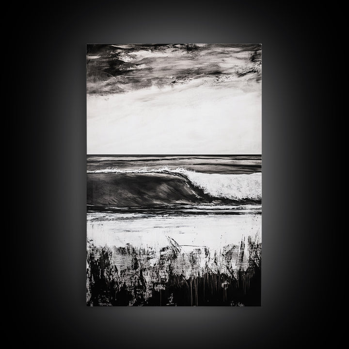 Black White Waves, Ocean Wall Art, Minimalist Coastal, Framed Canvas Print, Beach House Decor, Monochrome Seascape, Surfer Gift