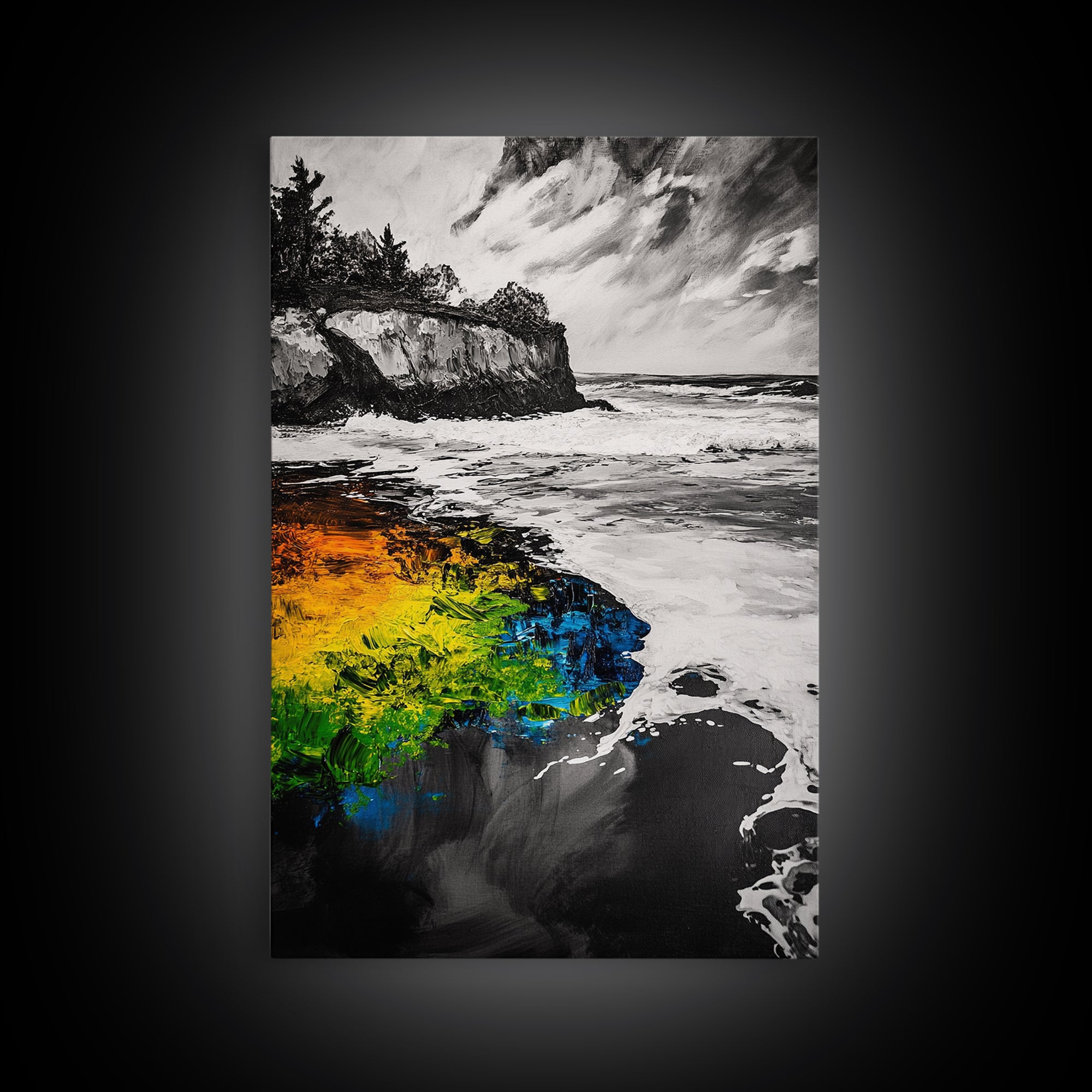 Cliffside Waves, Coastal Wall Art, Ocean Landscape, Framed Canvas Print, Beach House Decor, Monochrome Seascape, Nautical Gift